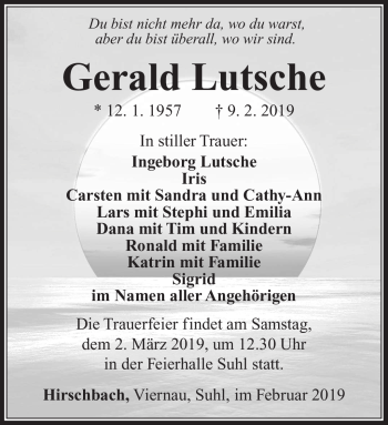 Traueranzeige von Gerald Lutsche von Südthüringer Presse
