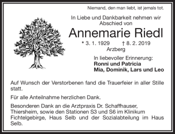 Traueranzeige von Annemarie Riedel von Frankenpost