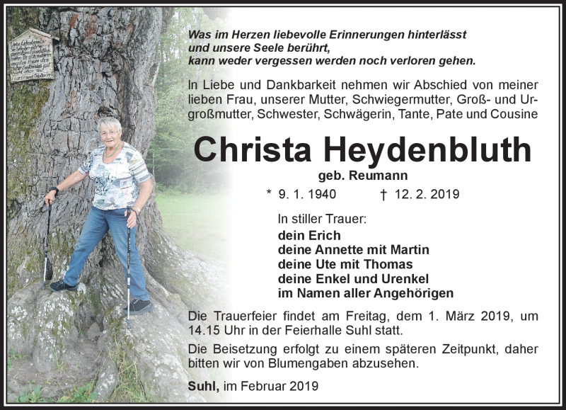  Traueranzeige für Christa Heydenbluth vom 23.02.2019 aus Südthüringer Presse