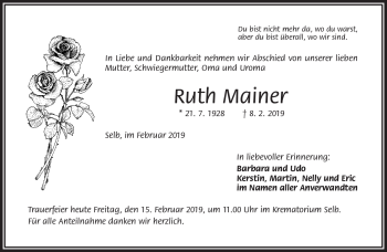 Traueranzeige von Ruth Mainer von Frankenpost