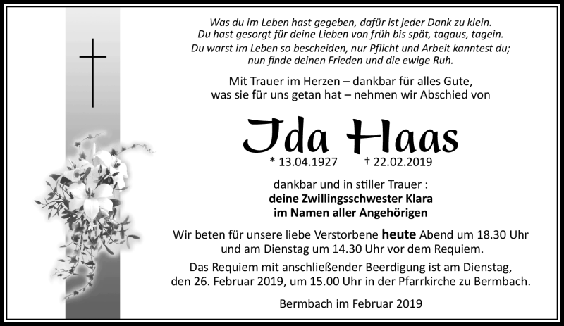  Traueranzeige für Ida Haas vom 25.02.2019 aus Südthüringer Presse