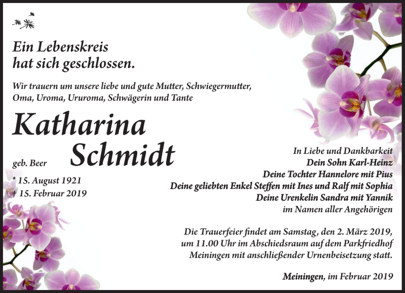  Traueranzeige für Katharina Schmidt vom 23.02.2019 aus Südthüringer Presse