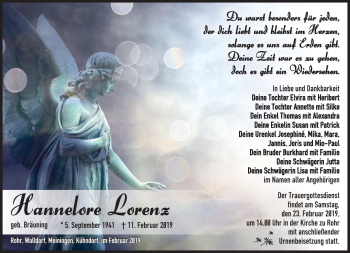 Traueranzeige von Hannelore Lorenz von Südthüringer Presse
