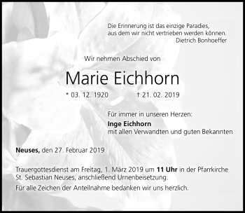 Traueranzeige von Marie Eichhorn von Neue Presse Coburg