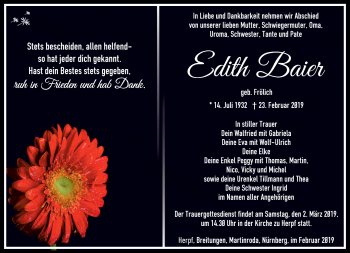 Traueranzeige von Edith Baier von Südthüringer Presse