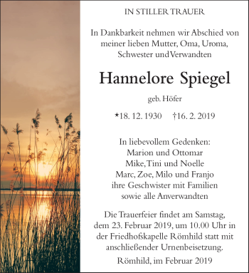 Traueranzeige von Hannelore Spiegel von Südthüringer Presse