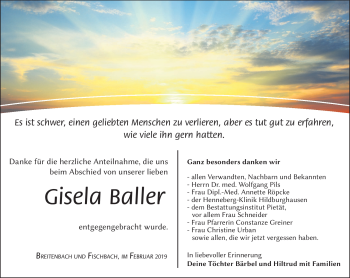 Traueranzeige von Gisela Baller von Südthüringer Presse