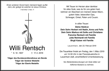 Traueranzeige von Willi Rentsch von Neue Presse Coburg