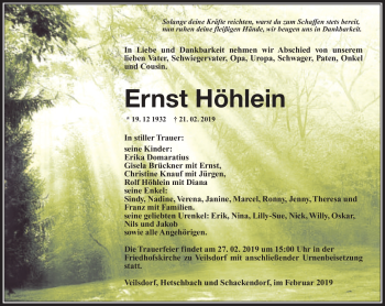 Traueranzeige von Ernst Höhlein von Südthüringer Presse