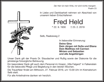 Traueranzeige von Fred Held von Frankenpost