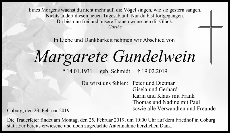  Traueranzeige für Margarete Gundelwein vom 23.02.2019 aus Neue Presse Coburg