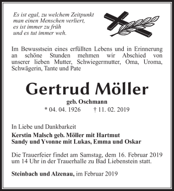 Traueranzeige von Gertrud Möller von Südthüringer Presse
