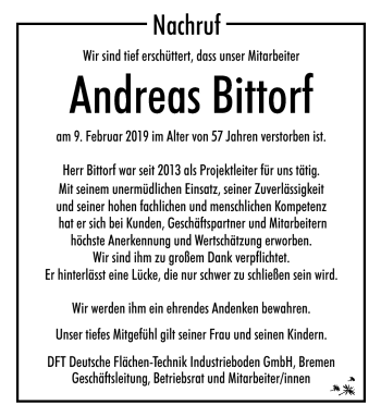 Traueranzeige von Andreas Bittrof von Südthüringer Presse