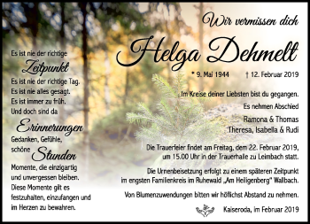 Traueranzeige von Helga Dehmelt von Südthüringer Presse