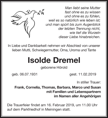 Traueranzeige von Isolde Dremel von Südthüringer Presse