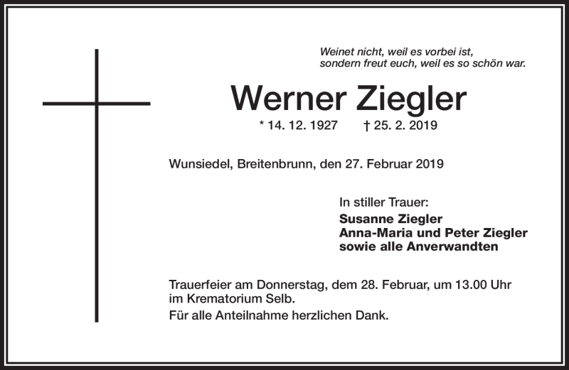  Traueranzeige für Werner Ziegler vom 27.02.2019 aus Frankenpost
