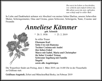 Traueranzeige von Anneliese Kämmer von Südthüringer Presse