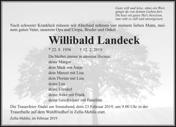 Traueranzeige von Willibald Landeck von Südthüringer Presse