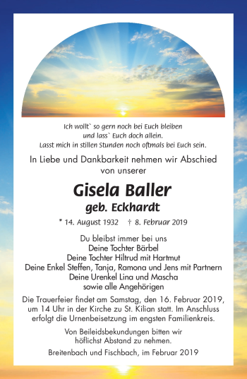 Traueranzeige von Gisela Baller von Südthüringer Presse