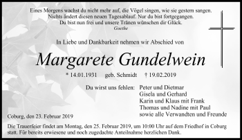 Traueranzeige von Margarete Gundelwein von Neue Presse Coburg