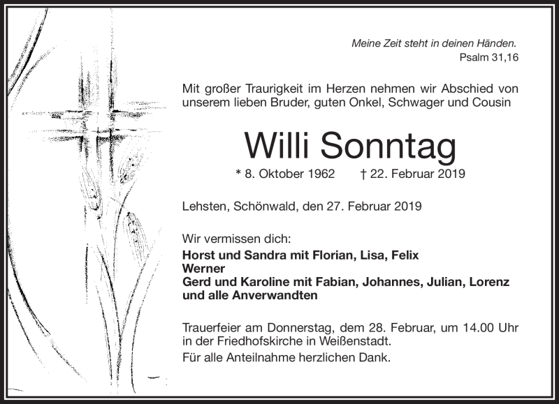 Traueranzeige für Willi Sonntag vom 27.02.2019 aus Frankenpost