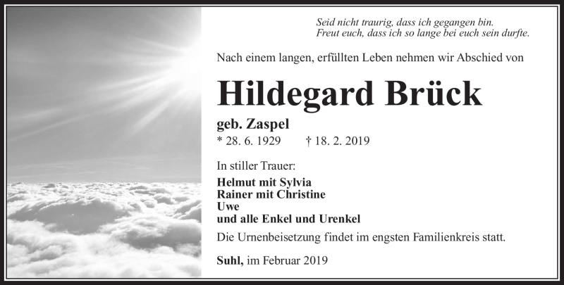  Traueranzeige für Hildegard Brück vom 23.02.2019 aus Südthüringer Presse