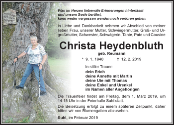 Traueranzeige von Christa Heydenbluth von Südthüringer Presse