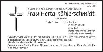 Traueranzeige von Herta Köhlerschmidt von Frankenpost