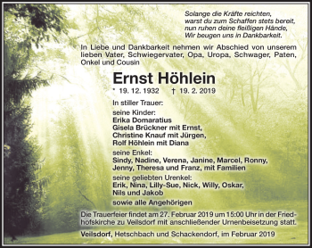 Traueranzeige von Ernst Höhlein von Südthüringer Presse