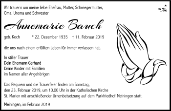 Traueranzeige von Annemarie Bauch von Südthüringer Presse