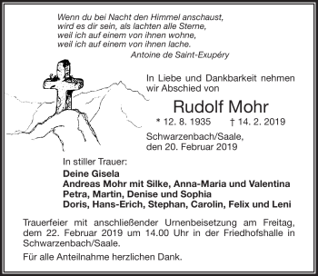 Traueranzeige von Rudolf Mohr von Frankenpost