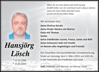 Traueranzeige von Hansjörg Lösch von Südthüringer Presse