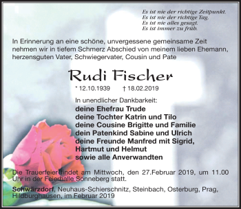 Traueranzeige von Rudi Fischer von Südthüringer Presse