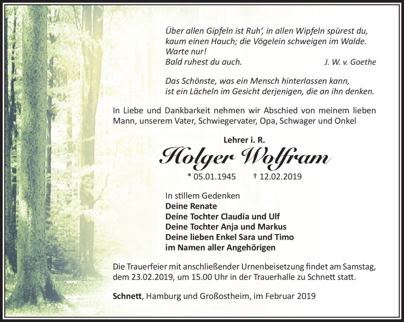  Traueranzeige für Holger Wolfram vom 16.02.2019 aus Südthüringer Presse
