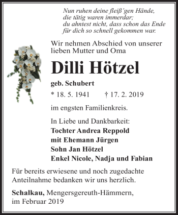 Traueranzeige von Dilli Hötzel von Südthüringer Presse