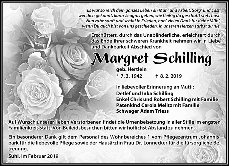  Traueranzeige für Margret Schilling vom 16.02.2019 aus Südthüringer Presse