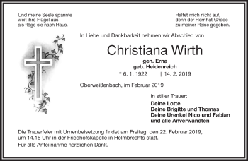 Traueranzeige von Christiana Wirth von Frankenpost