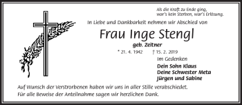 Traueranzeige von Inge Stengl von Frankenpost