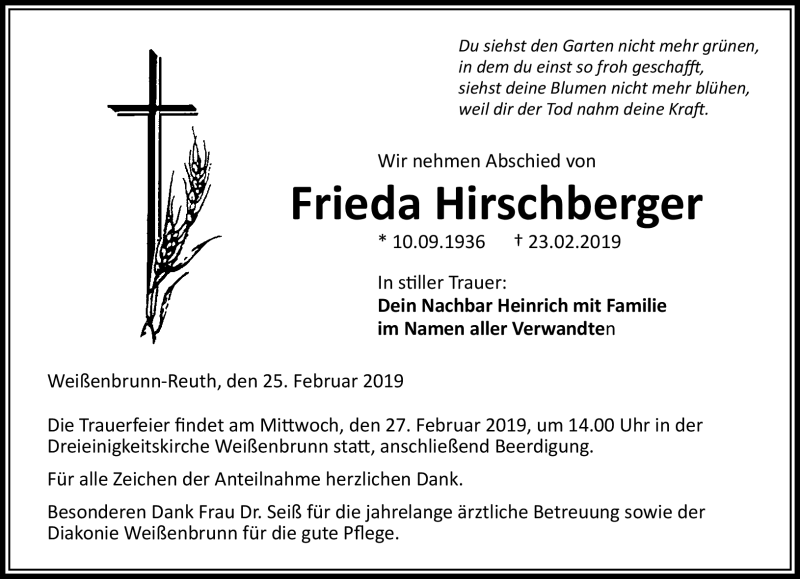  Traueranzeige für Frieda Hirschberger vom 25.02.2019 aus Neue Presse Coburg
