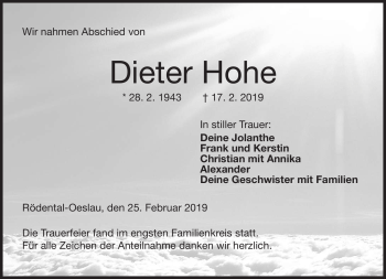 Traueranzeige von Dieter Hohe von Neue Presse Coburg