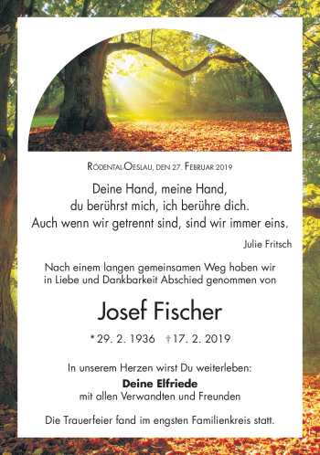 Traueranzeige von Josef Fischer von Neue Presse Coburg
