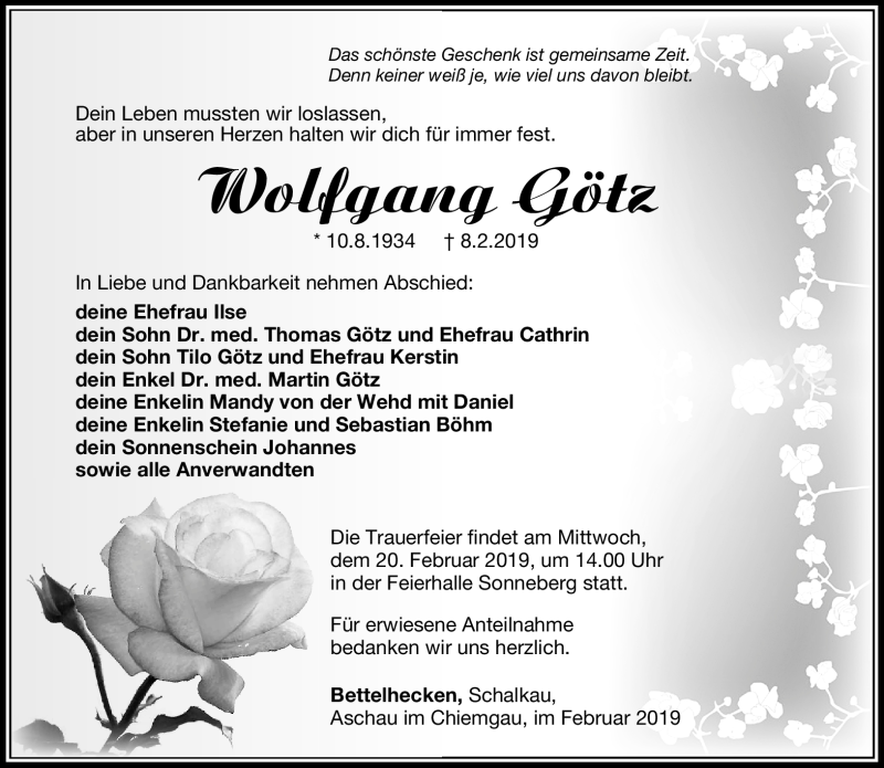  Traueranzeige für Wolfgang Götz vom 16.02.2019 aus Südthüringer Presse