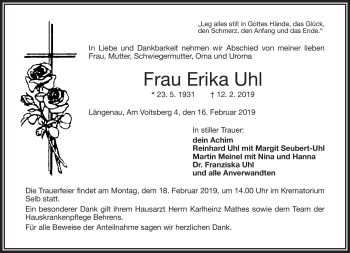 Traueranzeige von Erika Uhl von Frankenpost
