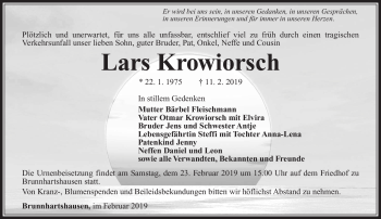 Traueranzeige von Lars Krowiorsch von Südthüringer Presse