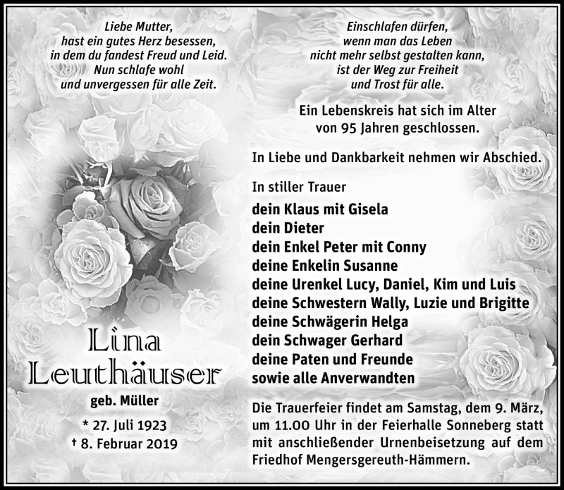 Traueranzeige für Lina Leuthäuser vom 14.02.2019 aus Südthüringer Presse