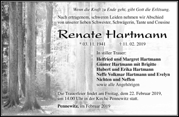 Traueranzeige von Renate Hartmann von Südthüringer Presse
