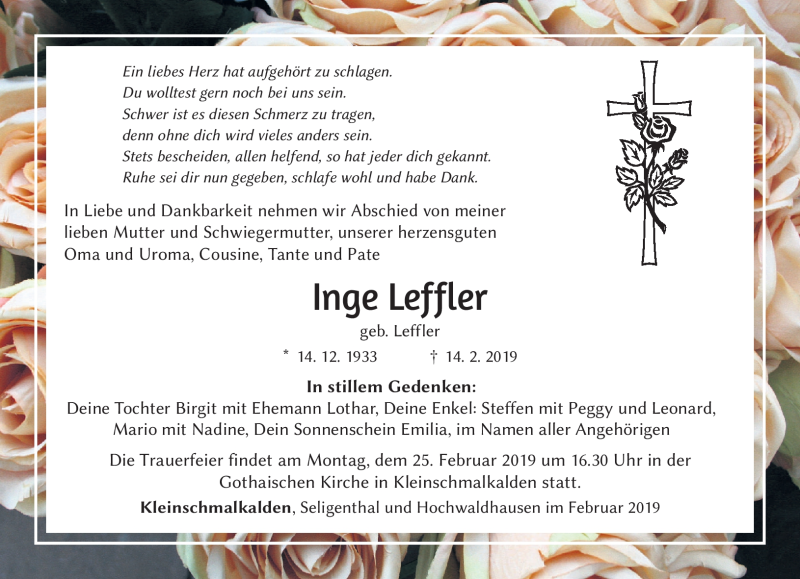  Traueranzeige für Inge Leffler vom 21.02.2019 aus Südthüringer Presse