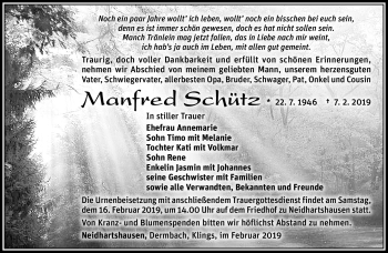 Traueranzeige von Manfred Schütz von Südthüringer Presse