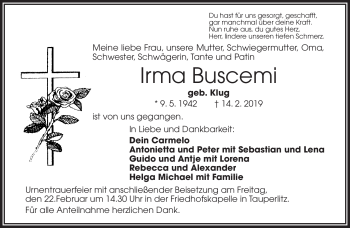 Traueranzeige von Irma Buscemi von Frankenpost