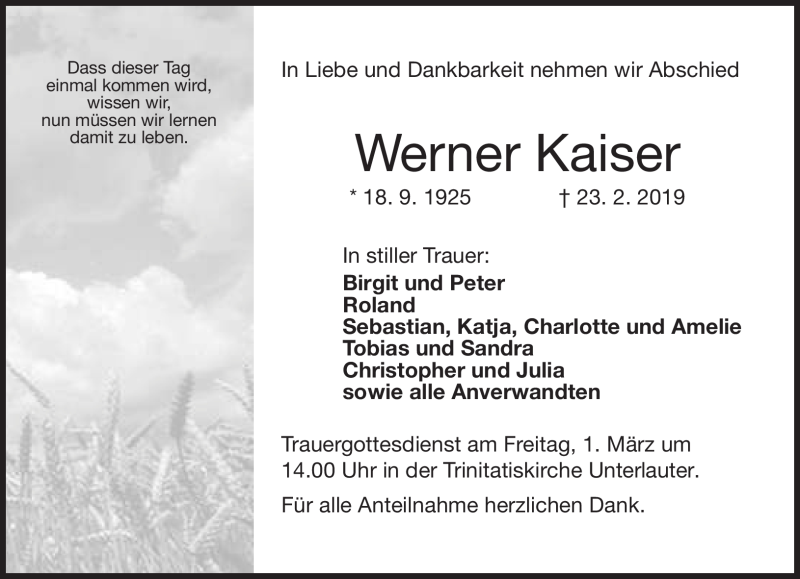  Traueranzeige für Werner Kaiser vom 27.02.2019 aus Neue Presse Coburg
